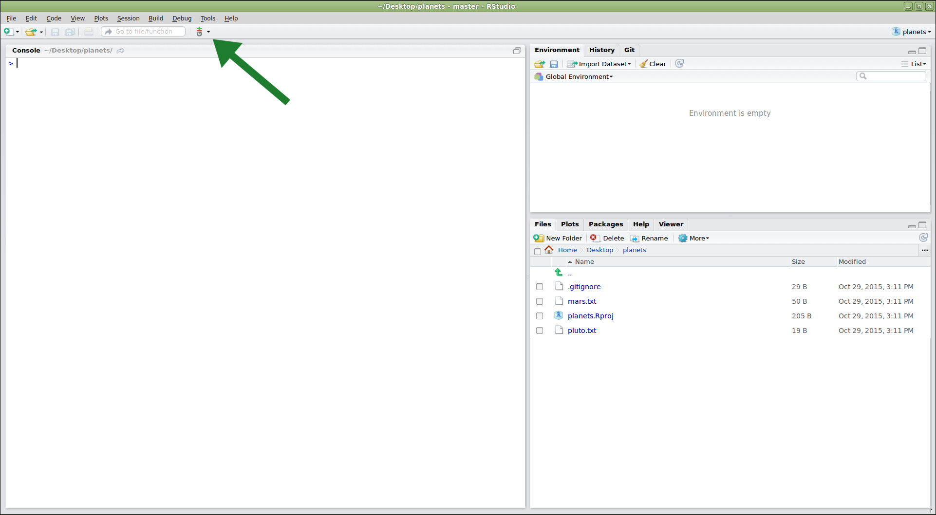 RStudio window after new project is created with large arrow pointing to vertical Git menu bar.