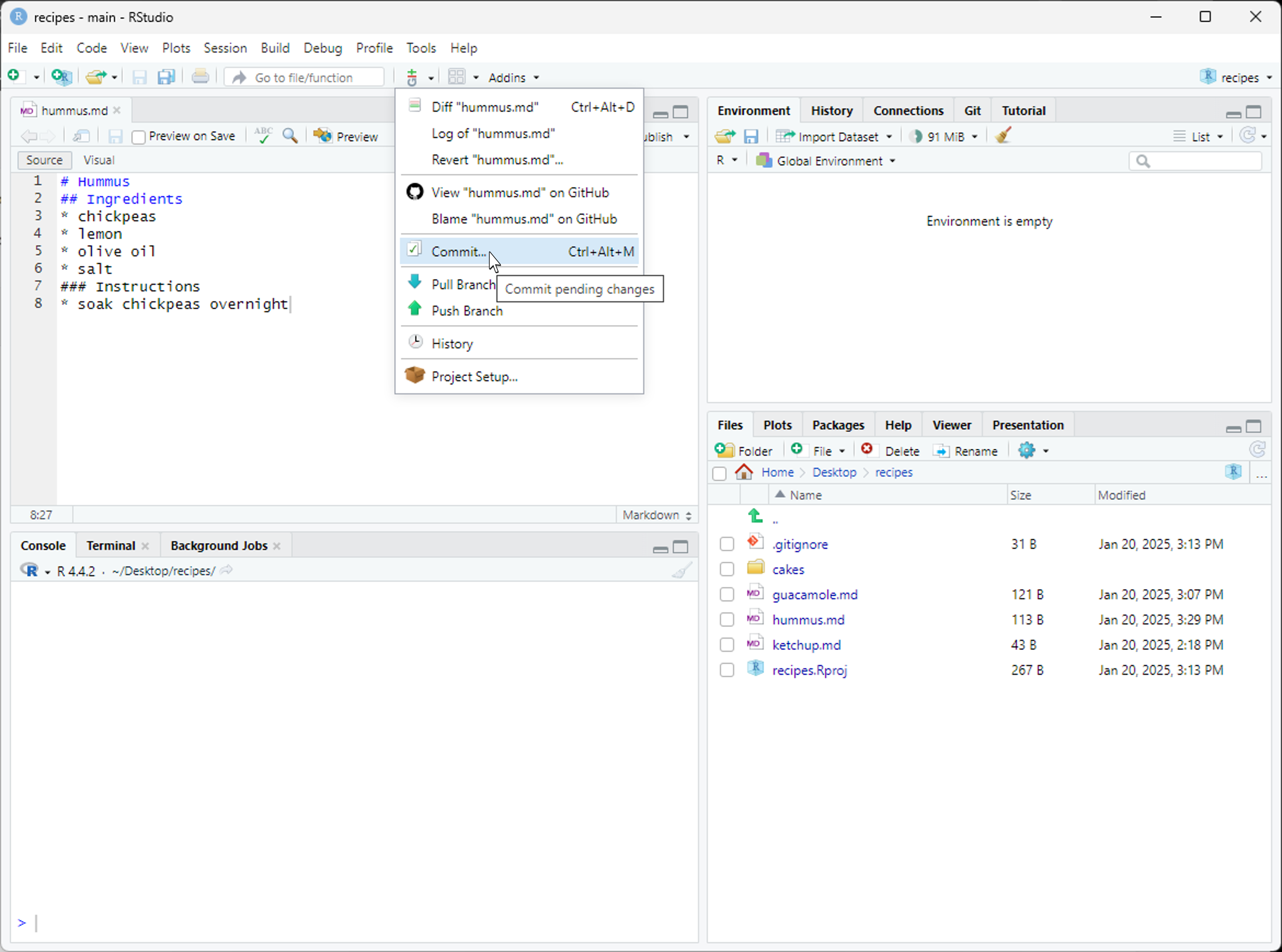 RStudio screenshot showing the Git menu dropdown with "Commit..." selected