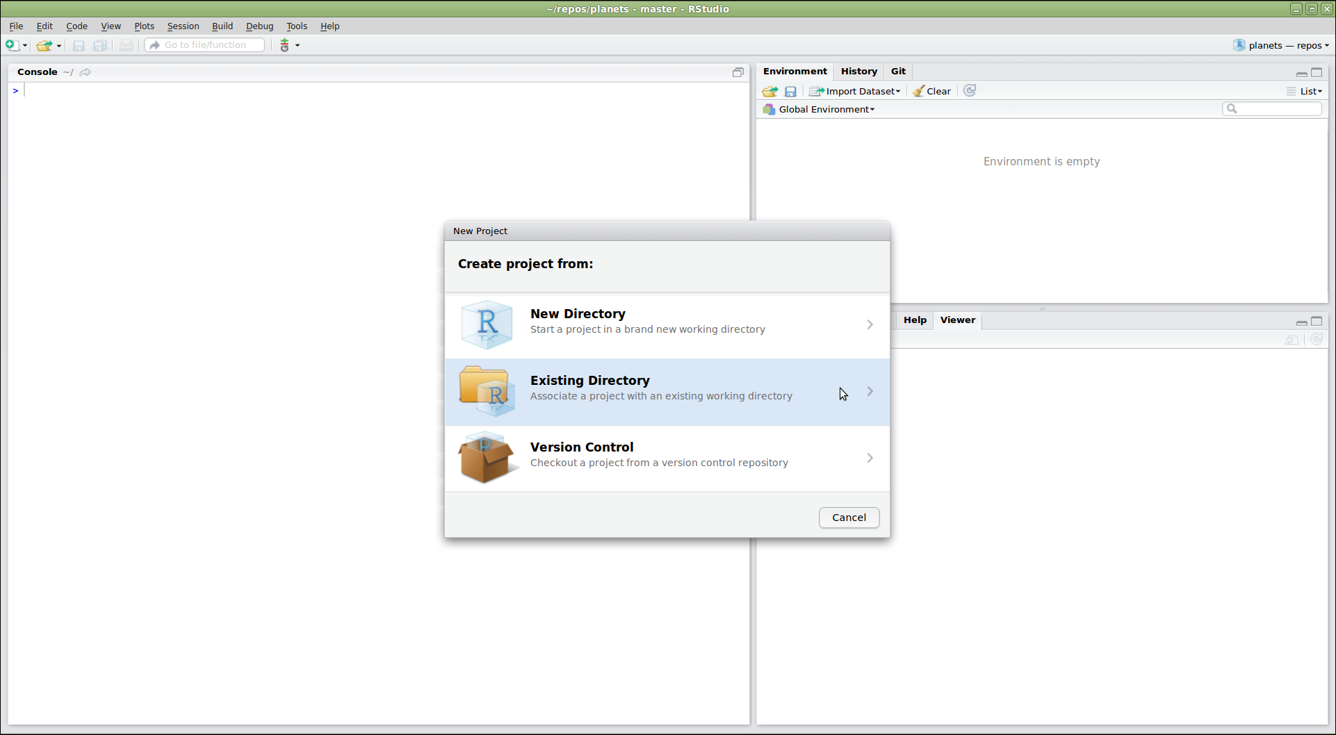 RStudio screenshot showing New Project dialog window with "Create project from existing directory" selected