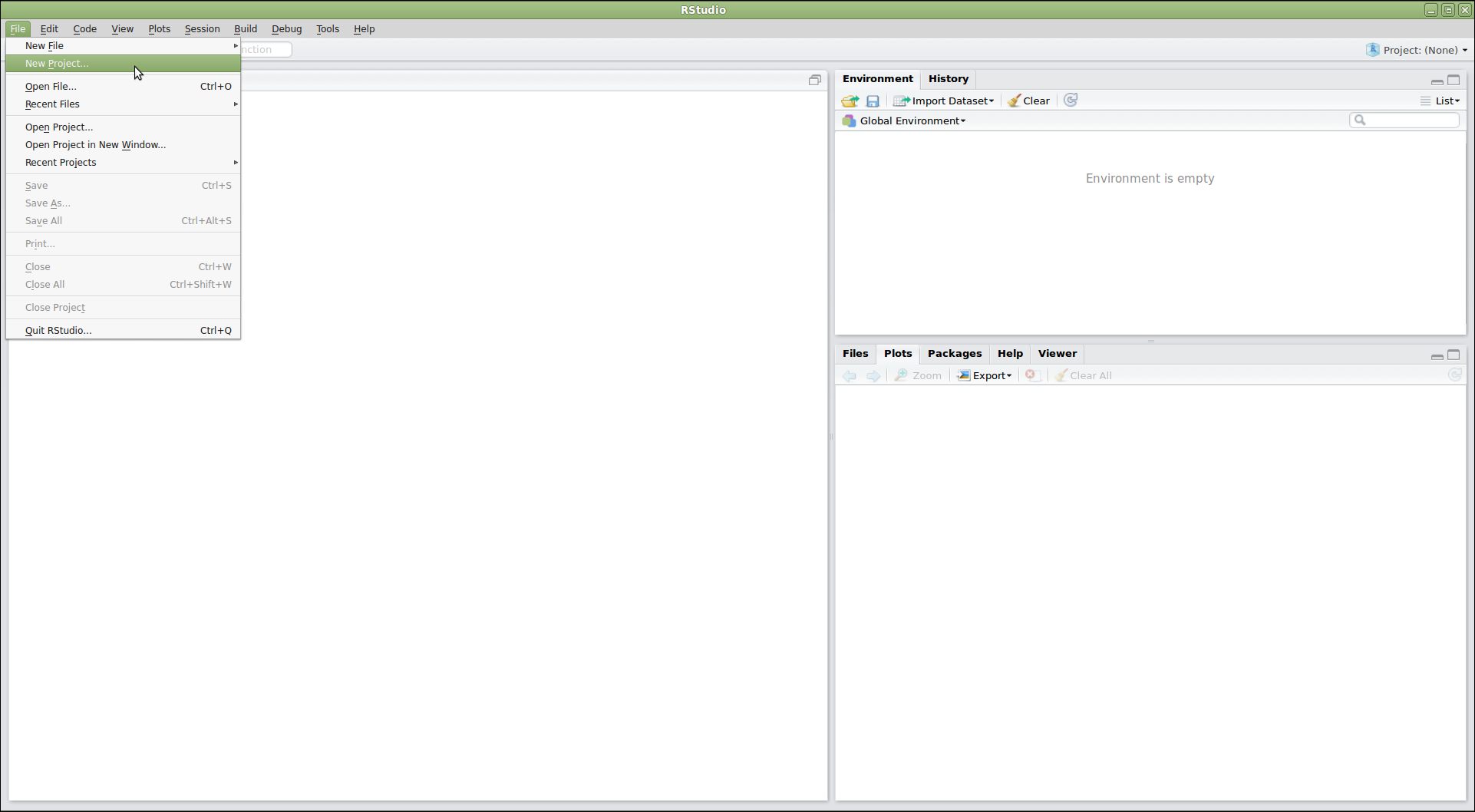 RStudio screenshot showing the file menu dropdown with "New Project..." selected
