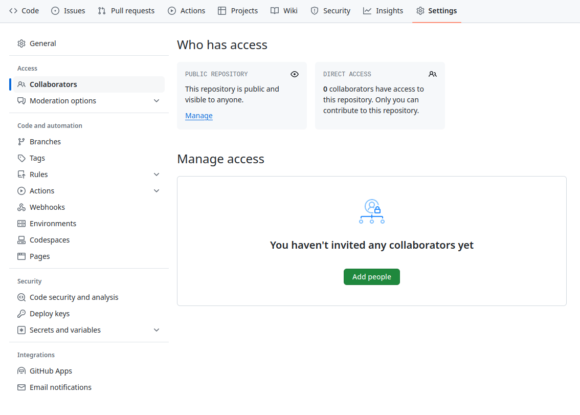 screenshot of repository page with Settings then Collaborators selected, showing how to add Collaborators in a GitHub repository