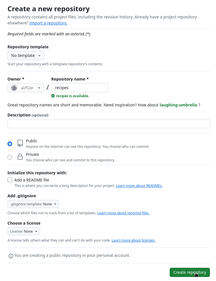 The second step in creating a repository on GitHub: filling out the new repository form to provide the repository name, and specify that neither a readme nor a license should be created