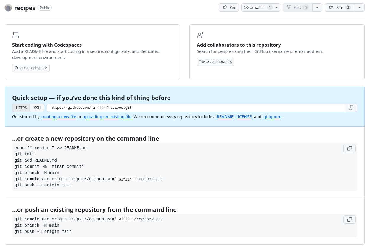 The summary page displayed by GitHub after a new repository has been created. It contains instructions for configuring the new GitHub repository as a git remote