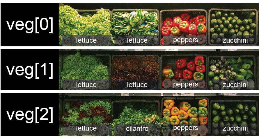 veg is now shown as a list of three rows, with veg[0] representing the top row ofthree baskets, veg[1] representing the second row, and veg[2] representing the bottom row.