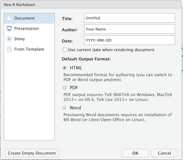 Screenshot of the New R Markdown file dialogue box in RStudio